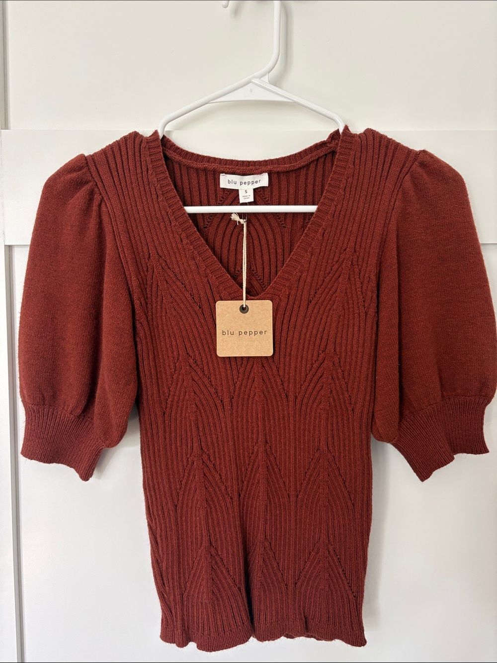 Blu Pepper Rust Cable Knit Puff-Sleeve V-Neck Top size S